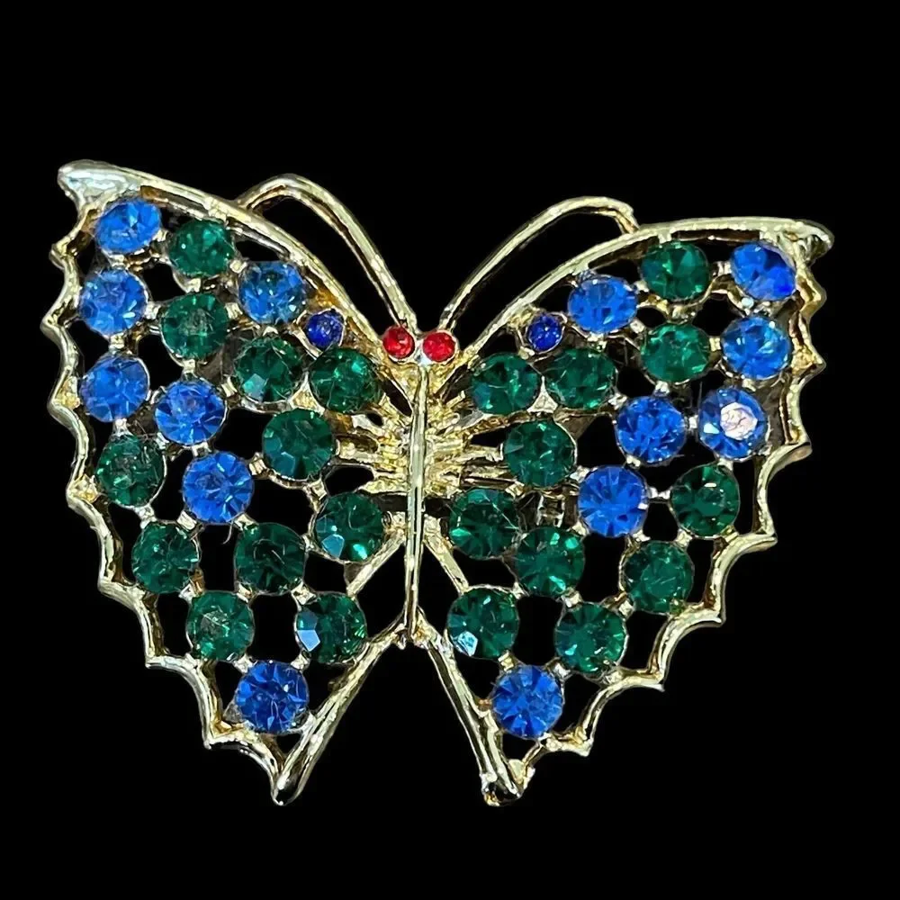 Vintage Blue Green Red Rhinestone Butterfly Figural Brooch Pin + Original Box